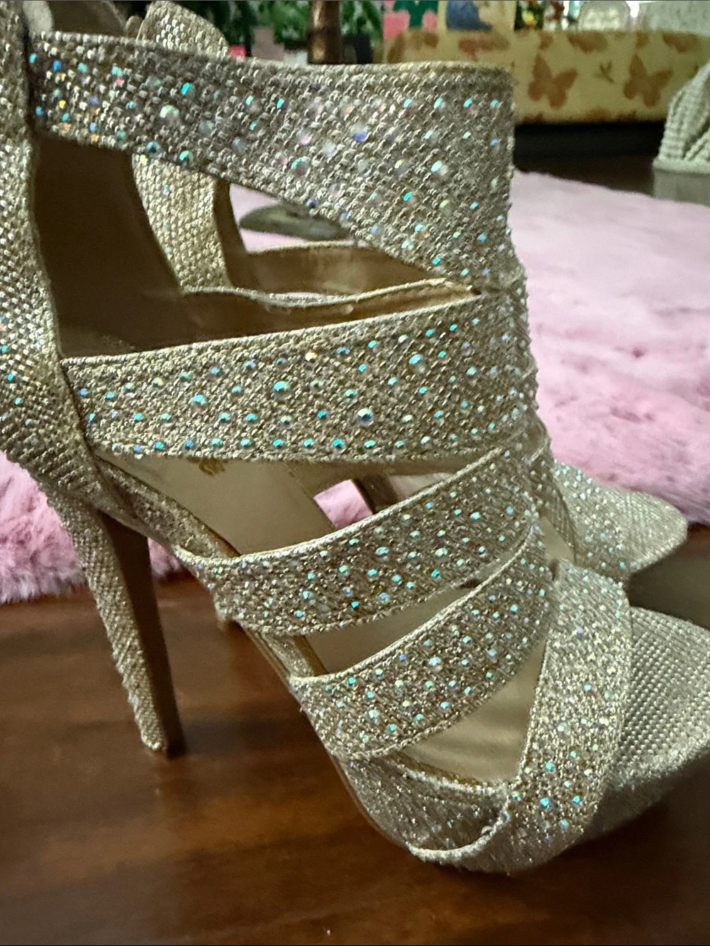 Charlotte Russe Sparkling Rose Gold Strappy Platform Heels